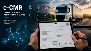Sofőr táblagépet használ digitális CMR okmánnyal, miközben a tehergépkocsi-szállítás zajlik Európában, a modern logisztikai digitalizációt szemléltetve